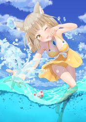 Rule 34 | 1girl, blunt bangs, breasts, dress swimsuit, facial mark, highres, medium breasts, nia (fancy sundress) (xenoblade), nia (xenoblade), ocean, one-piece swimsuit, partially submerged, partially underwater shot, sawayakakatsu, short hair, silver hair, solo, swimsuit, underwater, wading, water, xenoblade chronicles (series), xenoblade chronicles 2, yellow eyes, yellow one-piece swimsuit