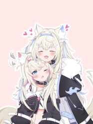 Rule 34 | 2girls, absurdres, animal ear fluff, animal ears, bandaid, bandaid hair ornament, black collar, black jacket, blonde hair, blue eyes, blue hair, blue hairband, blush, chain, closed eyes, collar, crop top, d;, deararisu, dog ears, dog girl, dog tail, facing viewer, fang, fangs, frilled sleeves, frills, fur-trimmed jacket, fur trim, fuwawa abyssgard, fuwawa abyssgard (1st costume), hair intakes, hair ornament, hairband, heart, highres, hololive, hololive english, jacket, jewelry, long hair, long sleeves, looking at viewer, midriff peek, mococo abyssgard, mococo abyssgard (1st costume), multicolored hair, multiple girls, navel, one eye closed, open mouth, outline, pendant, pink background, pocket, shirt, siblings, simple background, sisters, skin fangs, squiggle, standing, streaked hair, tail, twins, upper body, virtual youtuber, white outline, white shirt
