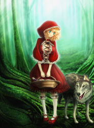 Rule 34 | 1girl, bad id, bad pixiv id, basket, big bad wolf, blonde hair, breasts, cleavage, dress, forest, green eyes, grimm&#039;s fairy tales, hood, large breasts, little red riding hood, little red riding hood (grimm), nature, solo, tansui nue, wolf