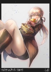 Rule 34 | 1girl, artist name, artoria pendragon (all), artoria pendragon (fate), black ribbon, black shorts, blonde hair, boots, brown jacket, burger, character name, commentary request, eating, fate/grand order, fate (series), fingernails, food, gothic lolita, hair ribbon, highres, holding, holding food, jacket, legs, lolita fashion, long sleeves, looking at viewer, medium hair, official alternate costume, ohako (ohako1818), ribbon, saber alter, saber alter (ver. shinjuku 1999) (fate), shorts, solo, thighs, yellow eyes