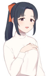 Rule 34 | 1girl, black hair, blush, bow, breasts, character request, chiyoko (tykchiyo), commentary request, hair bow, hair ornament, highres, idolmaster, idolmaster cinderella girls, long sleeves, looking at viewer, medium breasts, open mouth, parted bangs, red bow, simple background, solo, sweater, white background, white sweater