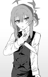 1girl black_pants blue_archive greyscale halo haruka_(blue_archive) haruka_(suit)_(blue_archive) highres jamongssui knife looking_at_viewer monochrome pants ponytail shirt solo upper_body white_shirt