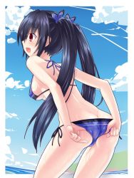 Rule 34 | 1girl, adjusting clothes, adjusting swimsuit, ass, back, back muscles, bare shoulders, beach, bikini, black hair, blush, breasts, bum, cloud, day, excited, from behind, hair ribbon, happy, highres, kazuneko (wktk1024), knees, leaning forward, legs, long hair, looking to the side, medium breasts, midriff, neck, neptune (series), noire (neptunia), ocean, open mouth, red eyes, ribbon, side-tie bikini bottom, sky, smile, soaked, solo, string bikini, summer, swimsuit, thighs, tsundere, twintails, very long hair, water, wet, wet hair