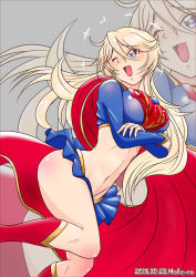 Rule 34 | 1girl, beamed quavers, blonde hair, boots, breasts, cape, cosplay, dated, dc comics, iowa (kancolle), kantai collection, midriff, moke ro, musical note, navel, one eye closed, open mouth, skirt, star-shaped pupils, star (symbol), supergirl, supergirl (cosplay), symbol-shaped pupils, zoom layer