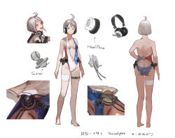Rule 34 | 1girl, ahoge, ass, bare legs, butt crack, character name, character sheet, close-up, concept art, flat ass, full body, hand on own hip, headphones, headset, highres, insignia, jeanex, kantai collection, looking at viewer, multiple views, pacific (kancolle), personification, shirt, short hair, smile, swimsuit, thigh strap, turnaround, uss sculpin (ss-191), valve, white background, white hair, white shirt, yellow eyes