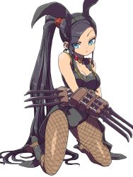 Rule 34 | 1girl, animal ears, bare shoulders, black footwear, black hair, black hairband, black leotard, black pantyhose, blue eyes, breasts, brown pantyhose, choker, claw (weapon), cleavage, closed mouth, coattails, collarbone, dragon quest, dragon quest xi, eyelashes, eyes visible through hair, fake animal ears, fishnet pantyhose, fishnets, frown, hairband, heart, heart choker, high heels, highres, kneeling, large breasts, leotard, long hair, martina (dq11), moyamu, pantyhose, playboy bunny, ponytail, rabbit ears, red choker, shoes, simple background, solo, spikes, very long hair, weapon, white background