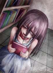 Rule 34 | 1girl, artist name, bare arms, bare shoulders, blind, book, bookshelf, brown hair, collar, creepy, dress, english text, eyes visible through hair, female focus, hair over face, half-closed eyes, highres, holding, holding book, indoors, long hair, original, ray-k, smile, solo, stitched eyes, stitches, upside-down book, white dress, white eyes