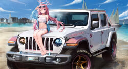 Rule 34 | 1girl, absurdres, adjusting eyewear, ahoge, barefoot, bikini, blue archive, blue eyes, boat, building, car, character name, commentary request, commission, copyright name, eyewear on head, frilled bikini, frills, halo, heterochromia, highres, hoshino (blue archive), hoshino (swimsuit) (blue archive), jeep (company), jeep wrangler, kcar66t, long hair, looking at viewer, motor vehicle, navel, on vehicle, pickup truck, pink hair, pink halo, pixiv commission, sail, sitting, solo, sports utility vehicle, steering wheel, sunglasses, swimsuit, toes, truck, vehicle focus, watercraft, white bikini, yellow eyes