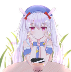 Rule 34 | 1girl, animal ears, arm support, azur lane, blurry, bubble tea, chair, commentary request, dated, depth of field, detached sleeves, fake animal ears, hair between eyes, hat, head rest, laffey (azur lane), laffey (bunny clerk?) (azur lane), long hair, looking at viewer, official alternate costume, rabbit ears, red eyes, school uniform, serafuku, sidelocks, solo, table, twintails, white background, white hair, xiao shi lullaby