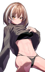 Rule 34 | 1girl, absurdres, arknights, beudelb, bikini, bikini under clothes, black bikini, blush, breasts, brown hair, brown sweater, closed mouth, clothes lift, commission, earrings, feet out of frame, glint, highres, invisible chair, jewelry, large breasts, long sleeves, looking at viewer, magallan (arknights), multicolored hair, navel, pixiv commission, short hair, simple background, sitting, smile, solo, sweater, sweater lift, swimsuit, toned, two-tone hair, white background, white hair, yellow eyes