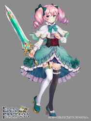 Rule 34 | 1girl, black corset, blue eyes, bow, capelet, commentary request, corset, drill hair, eden fantasia, full body, green bow, green footwear, hair bow, haruyuki 14, highres, holding, holding sword, holding weapon, kurokawa (kurokashi655), lydia (eden fantasia), official art, pink hair, smile, solo, sword, twin drills, weapon, white capelet