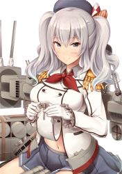 Rule 34 | 10s, 1girl, beret, blush, breasts, buttons, cannon, epaulettes, female focus, gloves, grey eyes, hat, highres, ichikawa feesu, jacket, kantai collection, kashima (kancolle), kerchief, large breasts, long hair, looking at viewer, machinery, military, military uniform, miniskirt, navel, pleated skirt, silver hair, sitting, skirt, smile, solo, tsurime, turret, twintails, uniform, wavy hair, white gloves