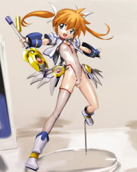 Rule 34 | 00s, alternate costume, alternate weapon, blue eyes, boots, brown hair, figure, fingerless gloves, gloves, hair ribbon, jacket, leotard, lyrical nanoha, mahou shoujo lyrical nanoha, makacoon, navel, outstretched arms, raising heart, ribbon, single thighhigh, solo, spread arms, takamachi nanoha, thighhighs, twintails, weapon