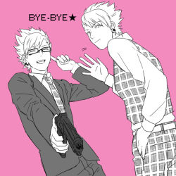Rule 34 | 10s, 2boys, ^ ^, ^o^, belt, closed eyes, dramatical murder, dress shirt, earrings, english text, formal, glasses, gun, handgun, hands in pockets, irini, jacket, jewelry, looking at viewer, male focus, multiple boys, necktie, pants, pink background, plaid, plaid pants, plaid vest, pointing, revolver, shirt, smile, spiked hair, spot color, suit, swept bangs, trip (dramatical murder), vest, virus (dramatical murder), waving, weapon