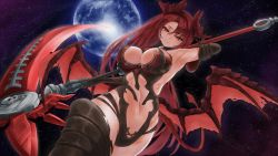 Rule 34 | 1girl, armpits, breasts, cleavage, demon girl, epis (king&#039;s raid), highres, horns, king&#039;s raid, large breasts, monster girl, nishixciv, outdoors, red hair, scythe, sky, smile, solo, star (sky), starry sky, tail, weapon, wings