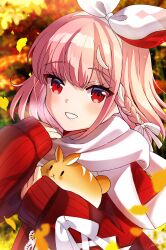 Rule 34 | 1girl, blurry, blurry background, braid, falling leaves, hair ribbon, highres, holding animal, holding rabbit, indie virtual youtuber, lace trim, leaf, medium hair, multicolored hair, parted lips, pink hair, rabbit, red eyes, red sweater, ribbed sweater, ribbon, rosuuri (vtuber), scarf, signature, solo, streaked hair, sweater, umirunie, virtual youtuber, white hair, white ribbon, white scarf