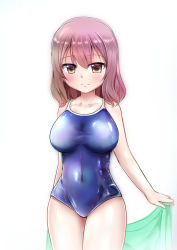 Rule 34 | 1girl, breasts, brown eyes, brown hair, competition school swimsuit, competition swimsuit, graphite (medium), highres, kagitsume, large breasts, mechanical pencil, one-piece swimsuit, original, pencil, school swimsuit, simple background, solo, swimsuit, towel, traditional media, white background