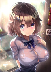 Rule 34 | 1girl, absurdres, blue bow, blue eyes, blush, bow, bowtie, bra, breasts, brown hair, cleavage, commentary request, dog hair ornament, dot nose, hair between eyes, hair flaps, hair ornament, hairclip, highres, kurono suzuran, large breasts, looking at viewer, moe2022, original, parted lips, school uniform, see-through, shirt, short hair, solo, striped, striped bow, taking shelter, underwear, upper body, upturned eyes, wet, wet clothes, wet shirt, white bra, white shirt
