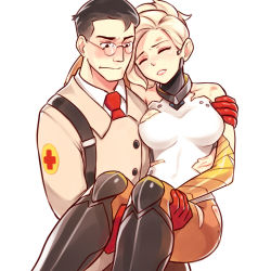 Rule 34 | 1boy, 1girl, bare shoulders, black hair, blonde hair, blue eyes, blush, bodysuit, breasts, carrying, closed eyes, collarbone, cross, crossover, glasses, gloves, halo, high ponytail, injury, large breasts, lips, mechanical halo, medic (tf2), mercy (overwatch), necktie, no wings, overwatch, overwatch 1, pantyhose, parted lips, power connection, princess carry, red cross, red medic (tf2), short hair, sieyarelow, simple background, suspenders, team fortress 2, torn clothes, white background, wince