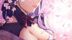 Rule 34 | 1girl, absurdres, breasts, cherry blossoms, cleavage, close-up, collarbone, genshin impact, highres, japanese clothes, kimono, large breasts, lips, monmo mu, neck, open mouth, pink lips, purple hair, purple kimono, raiden shogun, solo