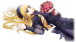 Rule 34 | 1girl, artist request, back bow, beret, black bow, black capelet, black dress, black hat, blonde hair, blue eyes, blunt bangs, bouquet, bow, breasts, capelet, code geass, code geass: lost stories, cross-laced clothes, cross-laced dress, dress, female focus, flower, from side, game cg, hair spread out, hand up, hat, highres, holding, holding bouquet, holding petal, long hair, long sleeves, looking at viewer, lying, medium breasts, monica kruszewski, non-web source, official art, on back, parted lips, petals, purple ribbon, red bow, red flower, red rose, ribbon, rose, see-through, see-through sleeves, side slit, sidelocks, simple background, solo, teeth, transparent background