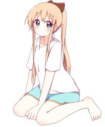 Rule 34 | 1girl, alternate hairstyle, arm support, barefoot, between legs, blonde hair, blue eyes, blue shorts, blush, bow, brown bow, casual, closed mouth, collarbone, commentary request, expressionless, feet, full body, hair bow, hand between legs, highres, long hair, looking at viewer, mesushio, ponytail, shirt, short sleeves, shorts, simple background, sitting, solo, toes, toshinou kyouko, very long hair, wariza, white background, white shirt, yuru yuri