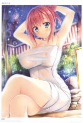 Rule 34 | 1girl, absurdres, aikawa tatsuki, armpits, arms behind head, arms up, artist name, bare shoulders, blue eyes, blurry, blurry background, blush, branch, breasts, closed mouth, collarbone, crossed legs, highres, large breasts, looking at viewer, naked towel, night, night sky, onsen, page number, red hair, scan, shiny skin, sidelocks, sitting, sky, smile, solo, toranoana, towel, tree, water drop, wet, wet towel, white towel