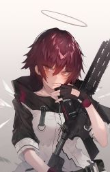 Rule 34 | 1girl, arknights, assault rifle, belt, black gloves, closed mouth, exusiai (arknights), fingerless gloves, gloves, gun, h&amp;k hk416, halo, highres, holding, holding gun, holding weapon, jacket, looking at viewer, red hair, rifle, short hair, short sleeves, smile, solo, soukou makura, upper body, weapon, white jacket, wings, yellow eyes