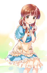 Rule 34 | 1girl, blue dress, blush, brown eyes, brown hair, dress, feet out of frame, frilled dress, frills, holding, holding own hair, idolmaster, idolmaster cinderella girls, kawaseki, long hair, looking at viewer, low twintails, ogata chieri, parted lips, sitting, sketch, smile, solo, twintails, two-tone dress, white dress