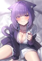 Rule 34 | 1girl, animal ear fluff, animal ears, arm between legs, bed sheet, black jacket, breasts, cat ears, cleavage, collarbone, commentary request, ears down, highres, hololive, jacket, large breasts, looking at viewer, menmen (menmen13s), nekomata okayu, nekomata okayu (oversized shirt), official alternate costume, on bed, partially unbuttoned, purple eyes, purple hair, short hair, sitting, solo, virtual youtuber, whis