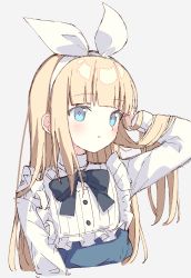 Rule 34 | 1girl, :o, absurdres, alice (alice in wonderland), alice in wonderland, arm behind head, arm up, black bow, blonde hair, blue dress, blue eyes, blush, bow, cropped torso, dress, grey background, hair ribbon, hairband, highres, long hair, long sleeves, original, parted lips, ribbon, shirt, simple background, solo, upper body, very long hair, white hairband, white ribbon, white shirt, zoirun
