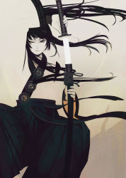 Rule 34 | 1girl, closed mouth, commentary request, eyelashes, fingernails, floating hair, green pants, highres, holding, holding sword, holding weapon, katana, kondou totetsu, long hair, long sleeves, looking at viewer, monochrome, one eye closed, original, pants, parted lips, ponytail, puffy pants, scabbard, sheath, smile, solo, sword, transparent, unsheathing, weapon, wide sleeves