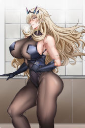Rule 34 | 1girl, absurdres, ass, bare shoulders, black gloves, black leotard, blonde hair, bodysuit, breasts, commentary request, curly hair, earrings, elbow gloves, barghest (fate), fate/grand order, fate (series), gloves, green eyes, grin, hair ornament, highleg, highleg leotard, highres, huge breasts, indoors, jewelry, leotard, long hair, looking to the side, manna (pixiv8805037), muscular, muscular female, open mouth, smile, solo, teeth, thighs