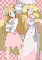 Rule 34 | 2girls, blonde hair, blue eyes, bow, caitlin (pokemon), checkered background, collarbone, creatures (company), crossed arms, dress, dual persona, elite four, frontier brain, game freak, hainchu, hair bow, hand on own chest, jacket, long hair, long sleeves, multiple girls, nintendo, pink background, pink dress, pokemon, pokemon bw, pokemon dppt, pokemon platinum, white dress, white headwear, white jacket