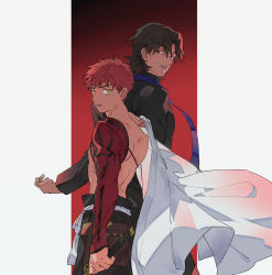 Rule 34 | 2boys, black eyes, brown hair, cape, emiya shirou, facing away, fate/grand order, fate (series), gamjajeon11, highres, holding, holding sword, holding weapon, igote, kotomine kirei, limited/zero over, looking at viewer, looking back, male focus, multiple boys, rasputin (fate), red hair, senji muramasa (fate), sword, upper body, weapon, white cape, yellow eyes