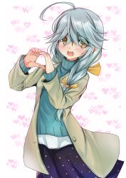 Rule 34 | 1girl, absurdres, ahoge, alternate costume, beige coat, black ribbon, blue skirt, blue sweater, braid, brown eyes, coat, commentary request, grey hair, hair over eyes, hair ribbon, hamanami (kancolle), heart, heart hands, highres, kantai collection, long hair, open mouth, polka dot, polka dot skirt, ribbon, round teeth, single braid, skirt, smile, solo, sweater, teeth, upper teeth only, white background, yashin (yasinz)