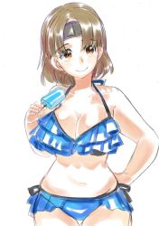 Rule 34 | 1girl, bare shoulders, bikini, blue bikini, breasts, brown eyes, brown hair, chiyoda (kancolle), cleavage, cowboy shot, food, frilled bikini, frills, hand on own hip, headband, holding, holding food, ice cream, kantai collection, large breasts, navel, sagamiso, short hair, simple background, smile, solo, stomach, swimsuit, white background