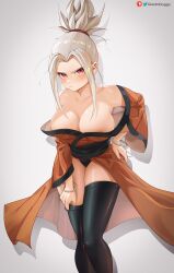 Rule 34 | 1girl, areola slip, bare shoulders, blush, bracelet, breasts, cleavage, copyright request, greatodoggo, highres, jewelry, large breasts, leaning forward, long bangs, looking at viewer, red eyes, simple background, solo, spiked hair, standing, thighhighs, watermark, white background, white hair