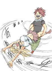 Rule 34 | 1boy, 1girl, bare shoulders, blonde hair, breasts, crying, closed eyes, eyes visible through hair, fairy tail, full body, hair between eyes, large breasts, lucy heartfilia, mashima hiro, medium hair, midriff, motion lines, natsu dragneel, navel, official art, open mouth, pants, pink hair, shirt, short sleeves, simple background, skirt, sleeveless, standing, stomach, swinging, teeth, tongue, white background