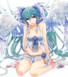 Rule 34 | 1girl, angel wings, bare shoulders, bow, earrings, feathers, flower, full body, hair bow, hatsune miku, highres, irono (irtyu), jewelry, legs, long hair, looking at viewer, midriff, shoes, simple background, sitting, solo, twintails, very long hair, vocaloid, wings