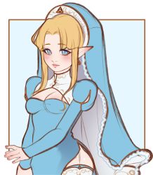 Rule 34 | 1girl, alternate costume, blonde hair, blue background, blue eyes, blush, cleavage cutout, clothing cutout, drawfag, earrings, garter straps, highres, jewelry, lips, looking at viewer, nintendo, nun, pointy ears, princess zelda, sidelocks, solo, the legend of zelda, thighhighs, upper body