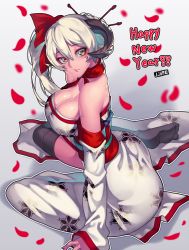 Rule 34 | 1girl, arm support, artist name, bad id, bad twitter id, bare shoulders, black thighhighs, breasts, cleavage, detached sleeves, happy new year, horns, jjune, large breasts, new year, no shoes, original, petals, sheep horns, side ponytail, sitting, solo, thighhighs, white hair, yellow eyes, yokozuwari