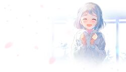 Rule 34 | 1girl, ^ ^, artist request, blue hair, blurry, blurry background, blush, braid, clenched hands, closed eyes, dot nose, double-parted bangs, drawstring, facing viewer, falling petals, french braid, gakuen idolmaster, grey hair, hands up, highres, hood, hood down, hoodie, idolmaster, katsuragi lilja, long sleeves, multicolored hair, official art, open mouth, petals, short bangs, short hair, side braid, smile, solo, straight-on, streaked hair, sweat, tied drawstring, two-tone hair, upper body, white hoodie, window