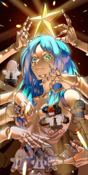 Rule 34 | 1girl, blue hair, breasts, chainsaw man, character request, closed mouth, denji (chainsaw man), doll joints, extra arms, green eyes, highres, joints, long hair, looking at viewer, makima (chainsaw man), medium breasts, nose, power (chainsaw man), saijo-m, santa claus (chainsaw man), solo, upper body