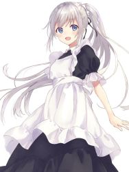 Rule 34 | 1girl, :d, apron, black dress, black ribbon, blue eyes, blush, commentary request, copyright request, dress, hair ribbon, long hair, looking at viewer, maid, maid apron, open mouth, ponytail, puffy short sleeves, puffy sleeves, ribbon, rimo, short sleeves, simple background, smile, solo, standing, white apron, white background