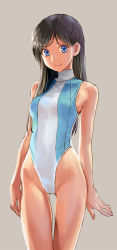 Rule 34 | 1girl, black hair, blue eyes, breasts, commentary request, competition swimsuit, grey background, katahira masashi, long hair, one-piece swimsuit, original, simple background, small breasts, solo, standing, swimsuit, turtleneck, two-tone swimsuit, white one-piece swimsuit