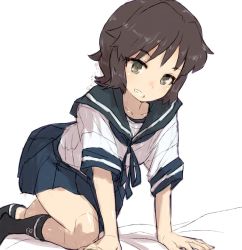 Rule 34 | 1girl, alchera, all fours, bed, black hair, black socks, blue sailor collar, blue skirt, brown eyes, brown hair, commentary request, grin, kantai collection, kneehighs, looking at viewer, miyuki (kancolle), one-hour drawing challenge, pleated skirt, sailor collar, school uniform, serafuku, short hair, simple background, skirt, smile, socks, solo, white background