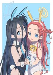 Rule 34 | 2girls, absurdly long hair, absurdres, animal ears, arado balanga (xchd7538), aris (blue archive), bad id, bad pixiv id, black hair, black leotard, blue archive, blue eyes, blue halo, blush, bow, breasts, detached collar, fake animal ears, fake tail, hair bow, halo, highres, leotard, long hair, looking at viewer, multiple girls, open mouth, rabbit ears, rabbit tail, red hair, small breasts, tail, third-party source, very long hair, white bow, white leotard, wrist cuffs, yellow halo, yuzu (blue archive)