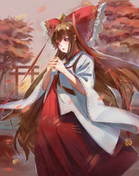Rule 34 | 1girl, bell, blush, bow, brown eyes, brown hair, chinese commentary, commentary request, feet out of frame, hair bow, hakama, hakama short skirt, hakama skirt, hakurei reimu, hands up, highres, japanese clothes, jingle bell, kimono, lenpty liuye, light particles, long hair, long sleeves, open mouth, own hands together, partial commentary, red bow, red skirt, sidelocks, skirt, solo, standing, touhou, tree, very long hair, white kimono, wide sleeves