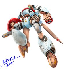 Rule 34 | 2022, arm cannon, choujikuu seiki orguss, clenched hands, damaged, dated, dirty, energy cannon, flying, hiro68, mecha, missile pod, no humans, orguss, orguss (mecha), radio antenna, robot, rocket launcher, science fiction, shield, signature, solo, weapon, wings